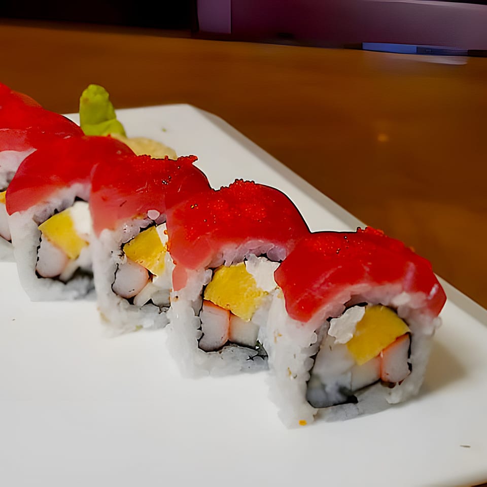 Inaka Sushi's vibrant sushi rolls with red topping, yellow mango, and crab on a white plate.